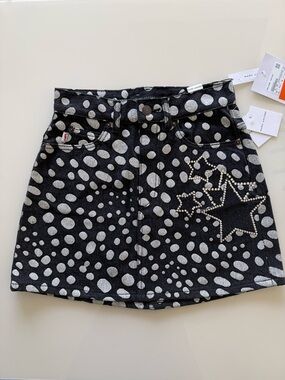 Marc Jacobs Black and White Polka Dot Denim Skirt with Leather Logo Patch